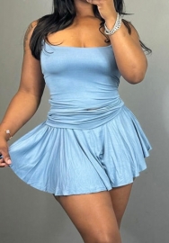 (Blue)2024 Styles Women Solid Color Halter Vest Short Sleeve Top with Flared Waist Skirt Two-Piece Set