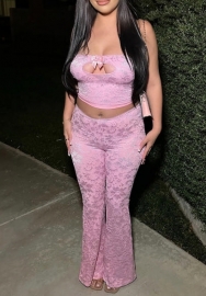 (Real Image)2024 Styles Women Elegant Layering: Sheer Lace and Mesh Double-Layered Bustier Top with Flared Pants Set