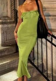 (Real Image)2024 Styles Women Halter Neck Floral Trimmed Tied-Waist Solid Color Dress