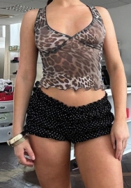 (Real Image,Only Tops)2024 Styles Women Printed Mesh Overlay Ruffled Cropped Top