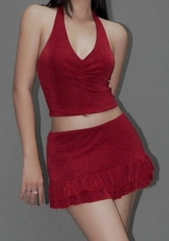 (Real Image)2024 Styles Women Backless Lace-Up Halter Top and Mini Skirt Set with Ruffled Detail