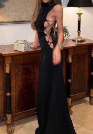 (Black)2024 Styles Women Knit High-Neck Side-Cutout Ribbon-Tied Dress