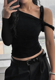 (Black,Only Tops)2024 Styles Women Slimming Asymmetrical Shoulder Twist Long-Sleeve Top