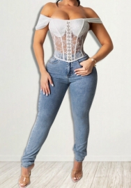(Real Image,Only Bottom)2024 Styles Women Vintage Washed Denim Jeans with Eye-Catching String Detail