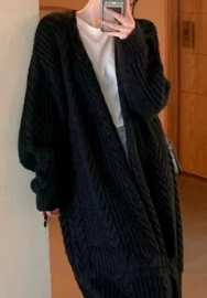 (Real Image,Black)2024 Styles Women Vintage Cozy Knit Cable Pattern Oversized Long Cardigan Sweater Coat
