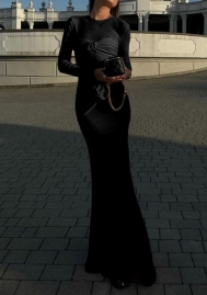 (Real Image)2024 Styles Women Sexy Bodycon Round-Neck Long Gown with Floral Ruffles and Elegant Charm