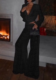(Black)2024 Styles Women Autumn Sexy Lace Long Sleeve Top & High-Waist Loose Pants Set
