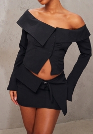 (Black)2024 Styles Women Autumn Fashion Open-Front Crop Top & Slim Skirt Set with Button Detail