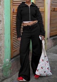 (Black)2024 Styles Women Glittering Open-Front Cardigan with Zipper & Sleek Drawstring Pants Set for a Chic Autumn/Winter Look