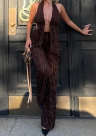 (Brown)2024 Styles Women Backless Halter Neck Ruched Jumpsuit with a Touch of Autumn Elegance