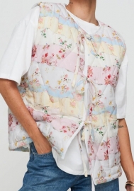 (Not T-Shirts，Not Long Pants)2024 Styles Women Autumn/Winter Floral Contrast-Colored Crochet-Back Padded Vest with Drawstring V-Neck Warm Cotton Jacket - Cozy & Chic Outerwear