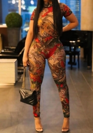 (Real Image)2025 Styles Women Sexy Backless Fashion Printed Sheer Mesh Jumpsuit