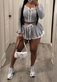 (Real Image)2025 Styles Women Lace-Trimmed Grey Crop Hoodie Set with Skirt