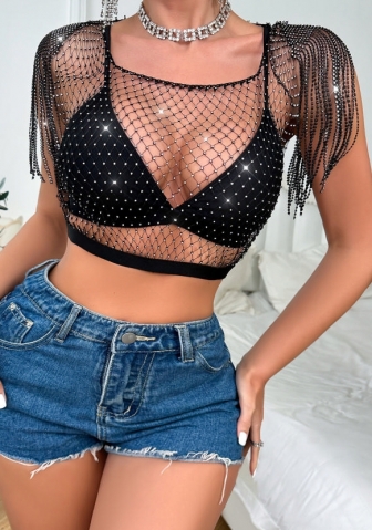 (Black,Only Tops)2024 Styles Women Sexy&Fashion Sprint/Summer TikTok&Instagram Sequins Tassel Tops
