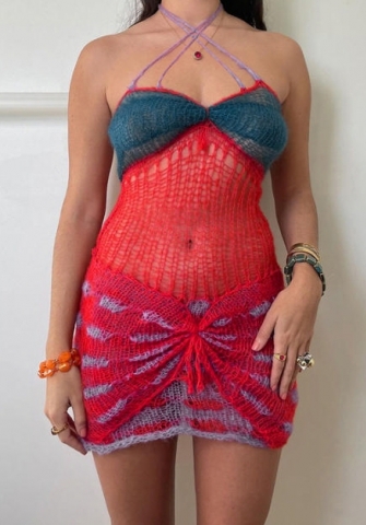 (Real Image)2024 Styles Women Spring/Summer Color-Blocked Open-Work Sexy Open Back Knit Halter Dress