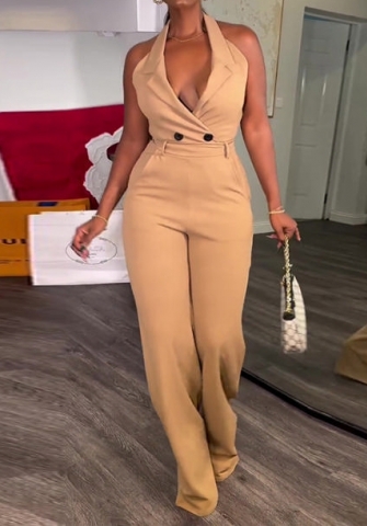 (Real Image)2024 Styles Plus Size Women Summer Halter Backless High-Waist Pocket Casual Jumpsuit