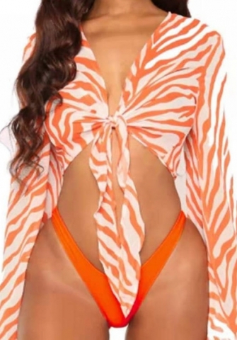 (Real Image)2024 Styles Women Floral Print Separate Swimsuit with Chiffon Cover-Up and High-Waisted Tied-Side Triangle Bikini Set